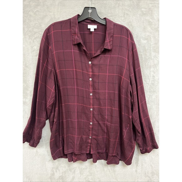 J.‎ Jill Top Women's XL Purple Plaid Button Up Collared Rayon Lagenlook Relaxed - Picture 1 of 7